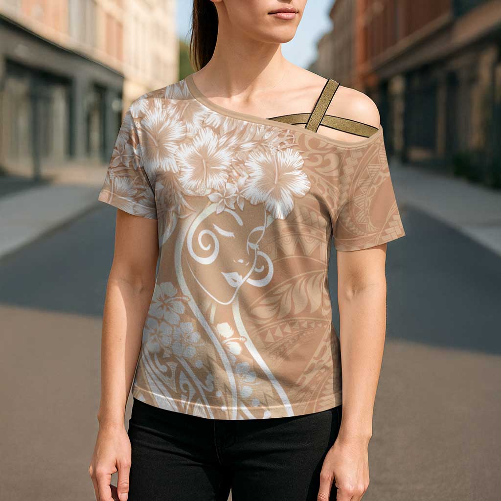 Polynesian Women's Day Cross Shoulder Shirt Brown Hibiscus Flowers With Polynesian Pattern LT05 - Polynesian Pride