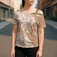 Polynesian Women's Day Cross Shoulder Shirt Brown Hibiscus Flowers With Polynesian Pattern LT05 - Polynesian Pride