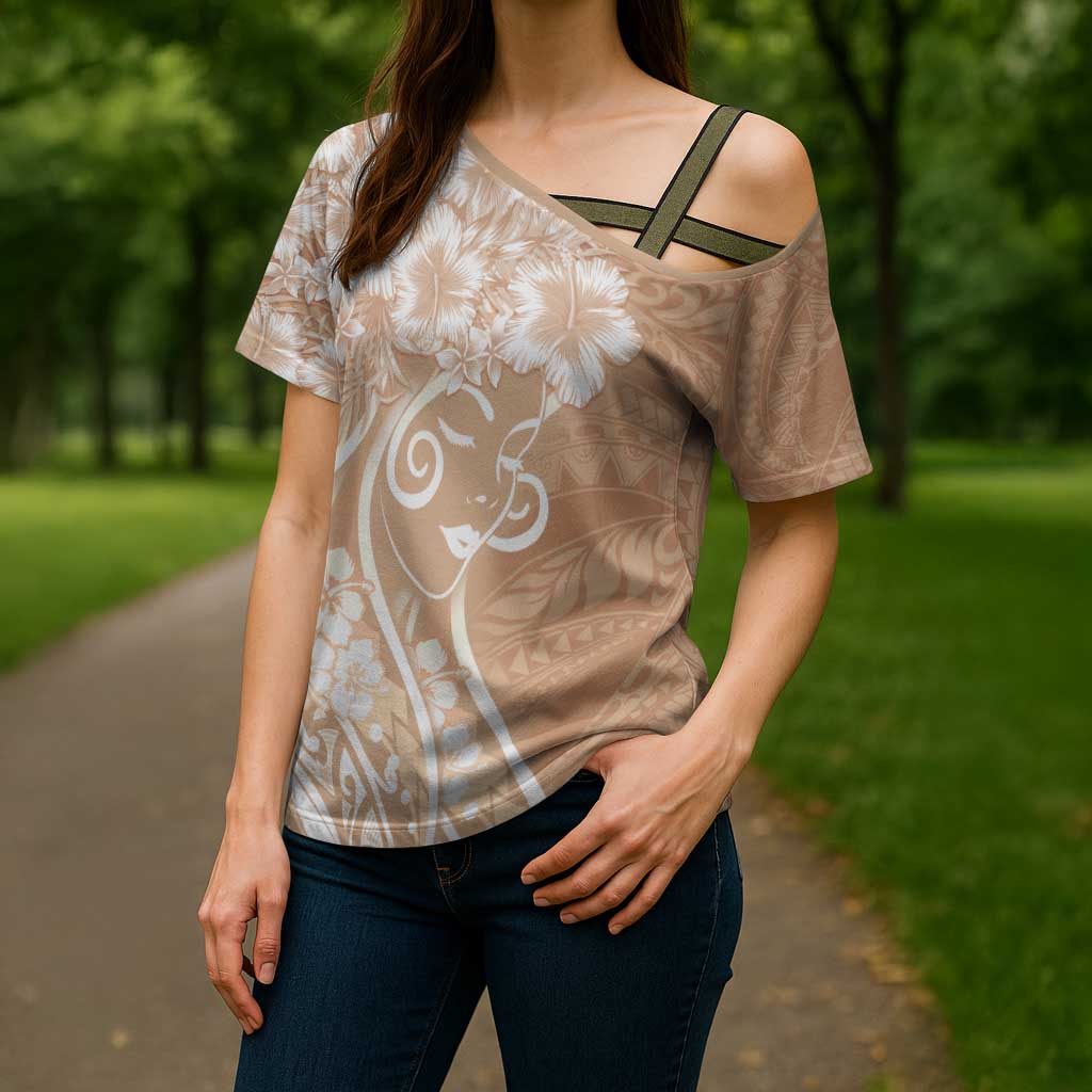 Polynesian Women's Day Cross Shoulder Shirt Brown Hibiscus Flowers With Polynesian Pattern LT05 - Polynesian Pride