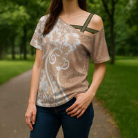 Polynesian Women's Day Cross Shoulder Shirt Brown Hibiscus Flowers With Polynesian Pattern LT05 - Polynesian Pride