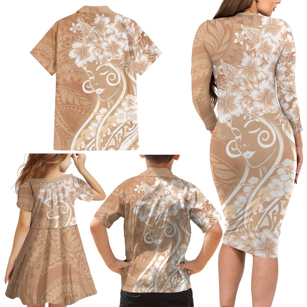 Polynesian Women's Day Family Matching Long Sleeve Bodycon Dress and Hawaiian Shirt Brown Hibiscus Flowers With Polynesian Pattern LT05 - Polynesian Pride