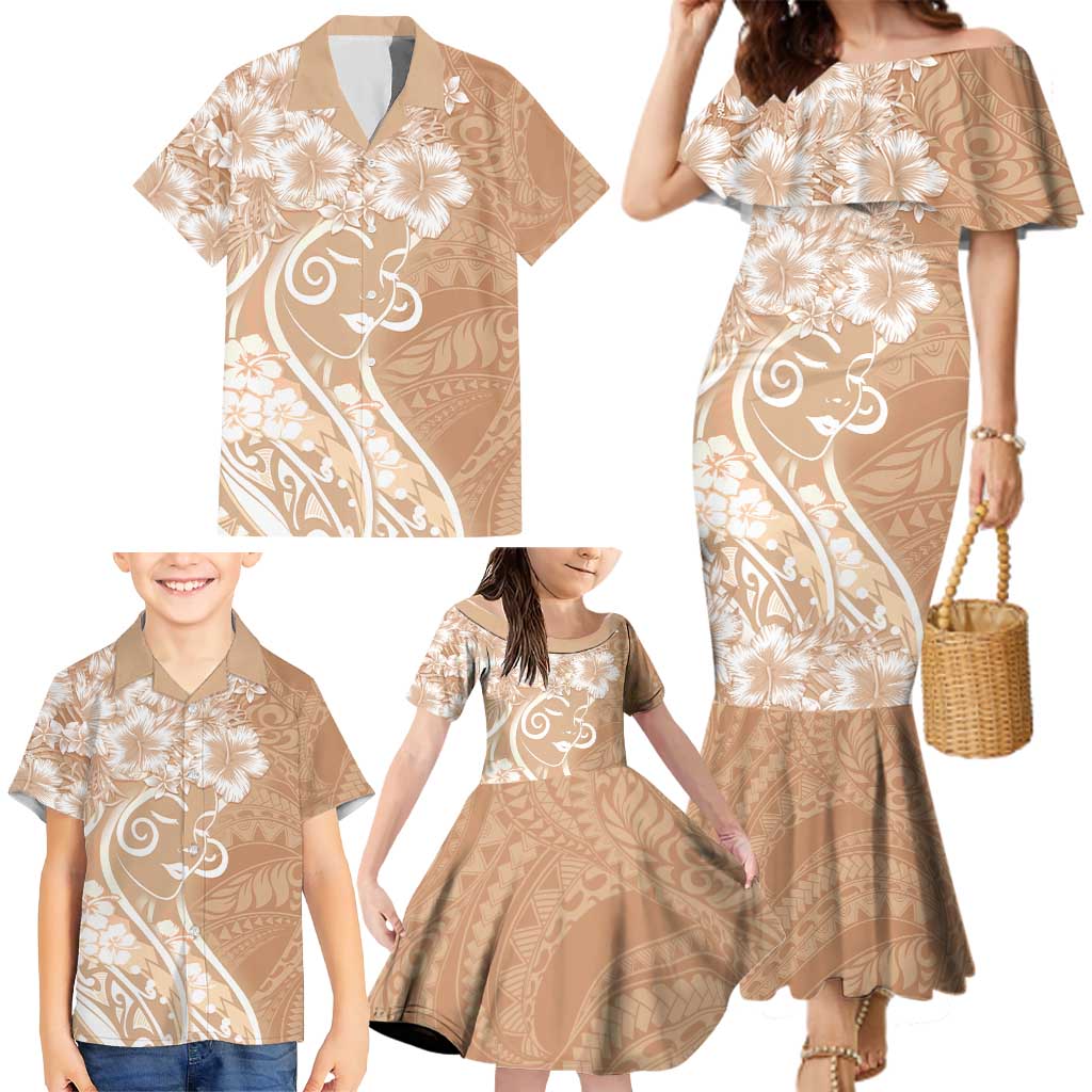 Polynesian Women's Day Family Matching Mermaid Dress and Hawaiian Shirt Brown Hibiscus Flowers With Polynesian Pattern LT05 - Polynesian Pride