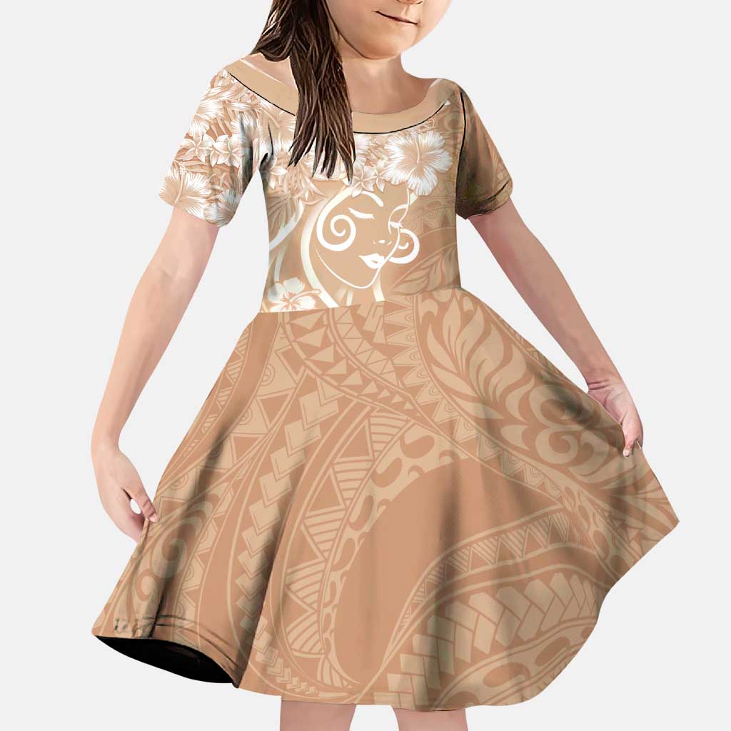 Polynesian Women's Day Family Matching Off Shoulder Maxi Dress and Hawaiian Shirt Brown Hibiscus Flowers With Polynesian Pattern LT05 Daughter's Dress Brown - Polynesian Pride