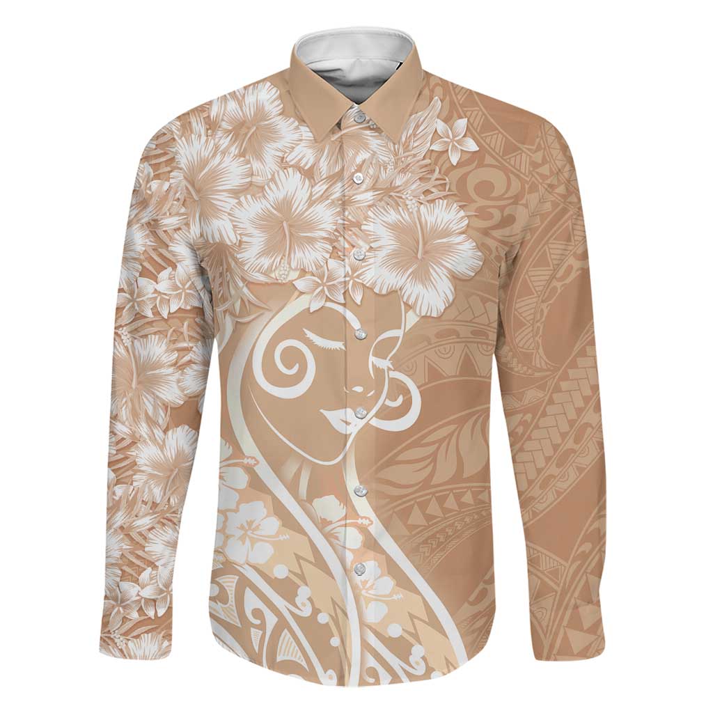 Polynesian Women's Day Family Matching Off Shoulder Maxi Dress and Hawaiian Shirt Brown Hibiscus Flowers With Polynesian Pattern LT05 Dad's Shirt - Long Sleeve Brown - Polynesian Pride