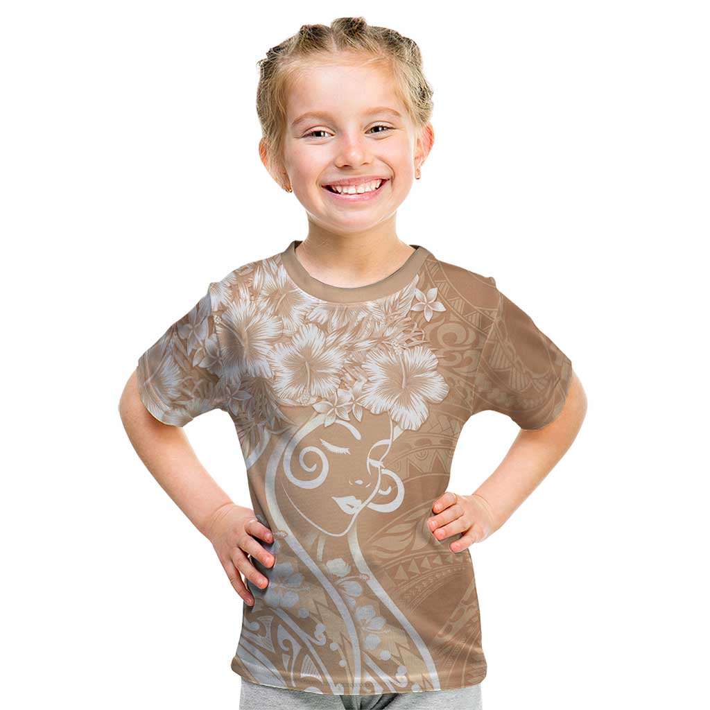 Polynesian Women's Day Kid T Shirt Brown Hibiscus Flowers With Polynesian Pattern