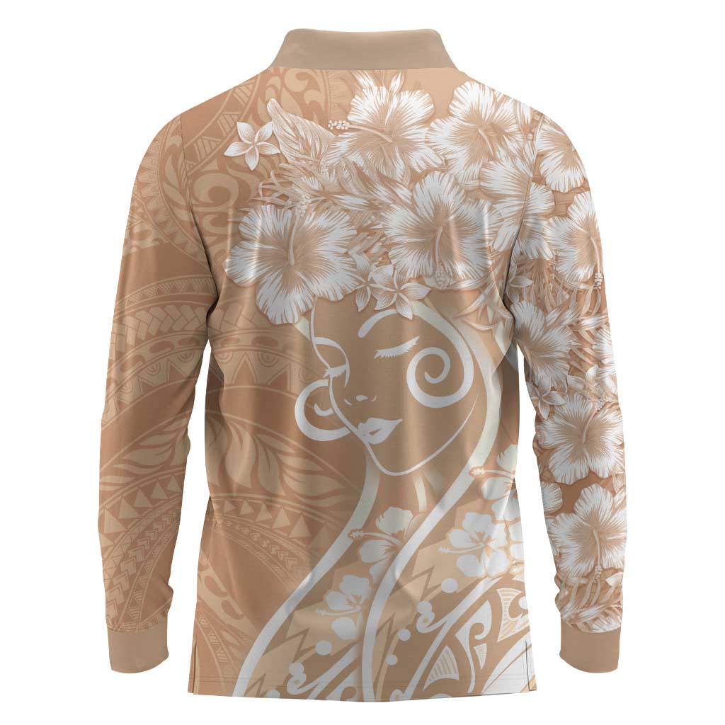 Polynesian Women's Day Long Sleeve Polo Shirt Brown Hibiscus Flowers With Polynesian Pattern