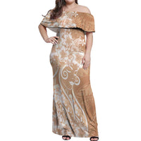 Polynesian Women's Day Off Shoulder Maxi Dress Brown Hibiscus Flowers With Polynesian Pattern