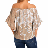 Polynesian Women's Day Off Shoulder Wrap Waist Top Brown Hibiscus Flowers With Polynesian Pattern LT05 - Polynesian Pride