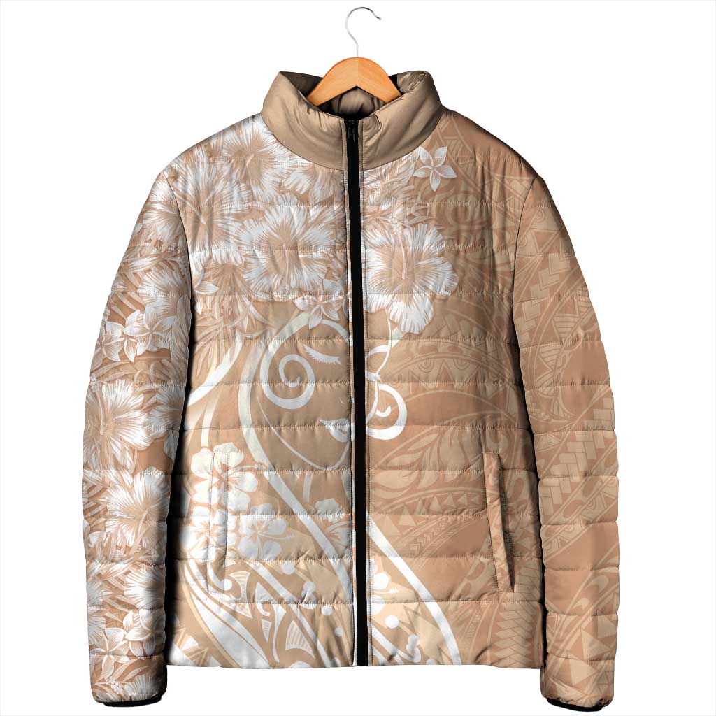 Polynesian Women's Day Padded Jacket Brown Hibiscus Flowers With Polynesian Pattern