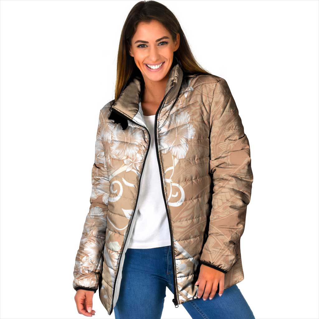 Polynesian Women's Day Padded Jacket Brown Hibiscus Flowers With Polynesian Pattern