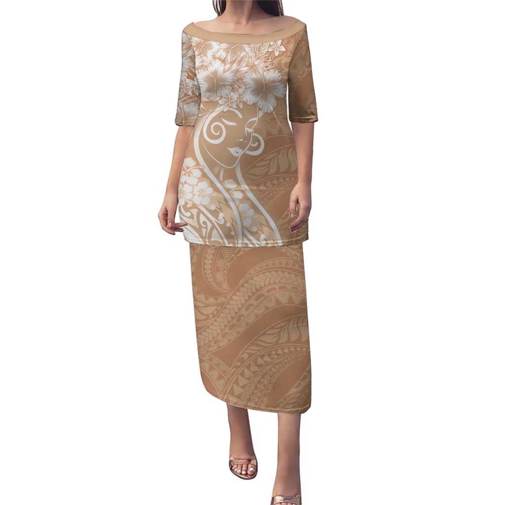 Polynesian Women's Day Puletasi Brown Hibiscus Flowers With Polynesian Pattern