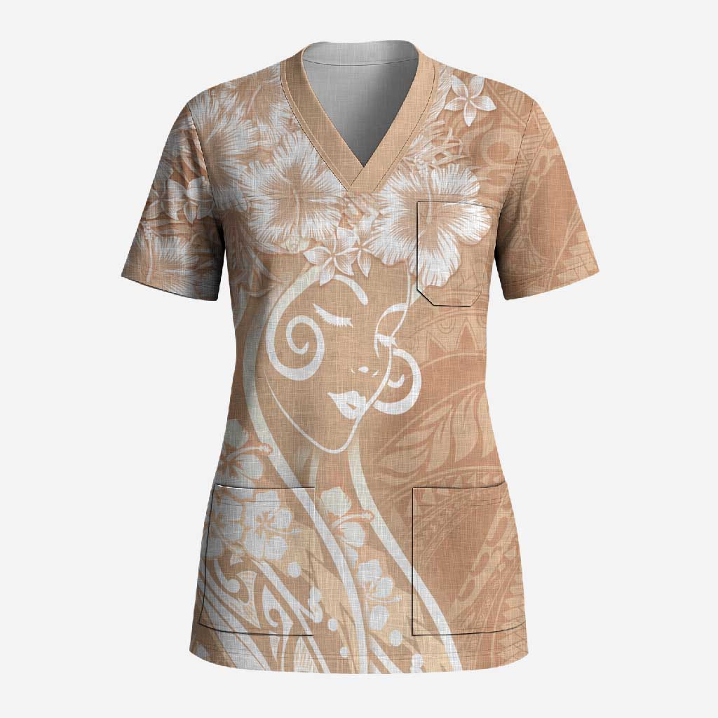 Polynesian Women's Day Scrub Top Brown Hibiscus Flowers With Polynesian Pattern