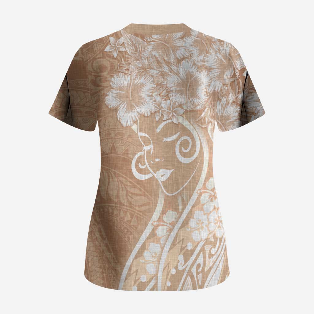 Polynesian Women's Day Scrub Top Brown Hibiscus Flowers With Polynesian Pattern