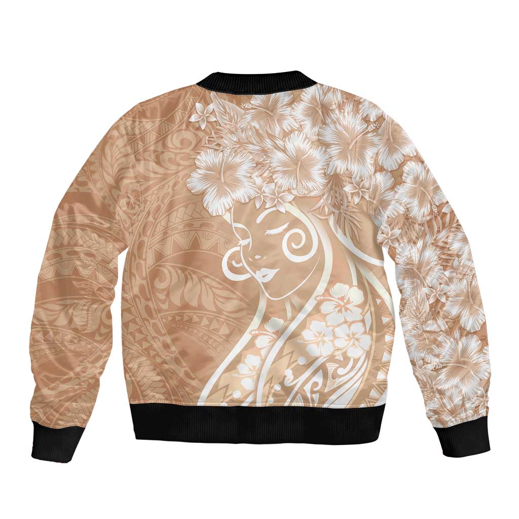 Polynesian Women's Day Sleeve Zip Bomber Jacket Brown Hibiscus Flowers With Polynesian Pattern