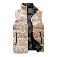 Polynesian Women's Day Sleeveless Puffer Jacket Brown Hibiscus Flowers With Polynesian Pattern