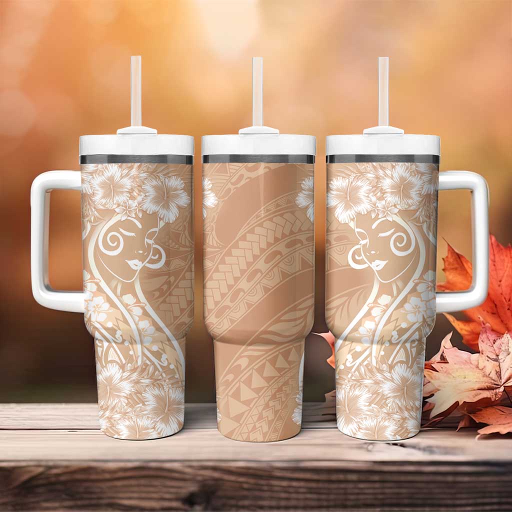 Polynesian Women's Day Tumbler With Handle Brown Hibiscus Flowers With Polynesian Pattern