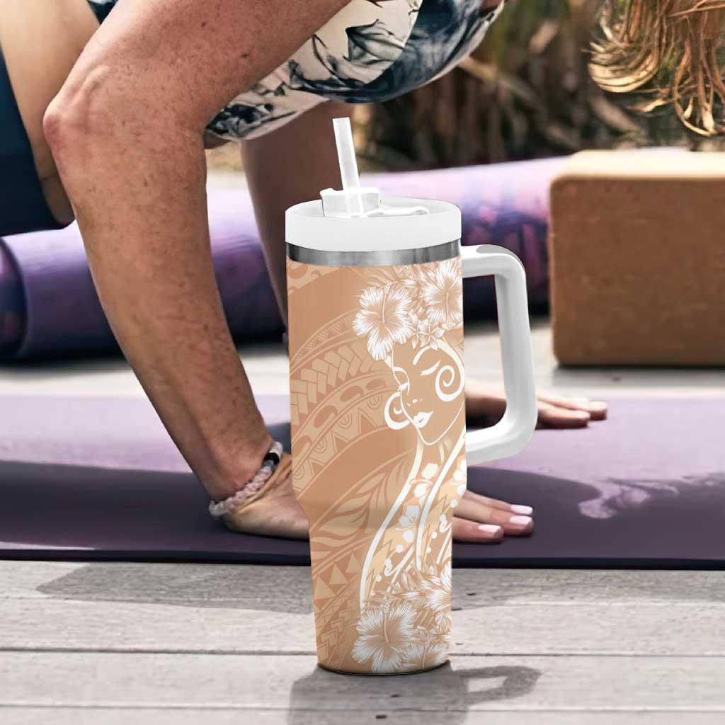 Polynesian Women's Day Tumbler With Handle Brown Hibiscus Flowers With Polynesian Pattern