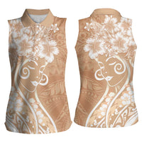 Polynesian Women's Day Women Sleeveless Polo Shirt Brown Hibiscus Flowers With Polynesian Pattern