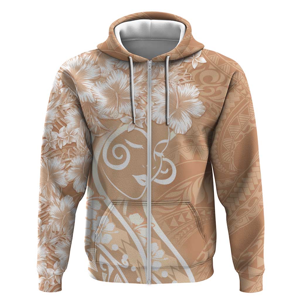 Polynesian Women's Day Zip Hoodie Brown Hibiscus Flowers With Polynesian Pattern