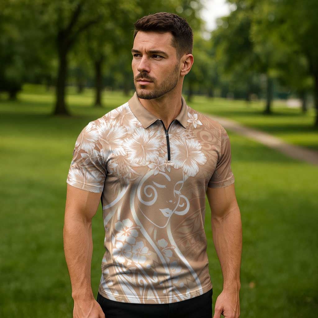 Polynesian Women's Day Zipper Polo Shirt Brown Hibiscus Flowers With Polynesian Pattern