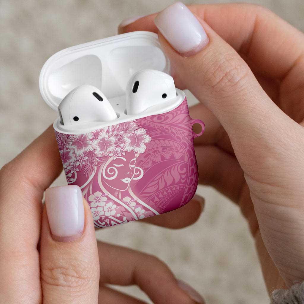 Polynesian Women's Day AirPods Case Pink Hibiscus Flowers With Polynesian Pattern