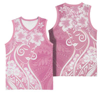 Polynesian Women's Day Basketball Jersey Pink Hibiscus Flowers With Polynesian Pattern