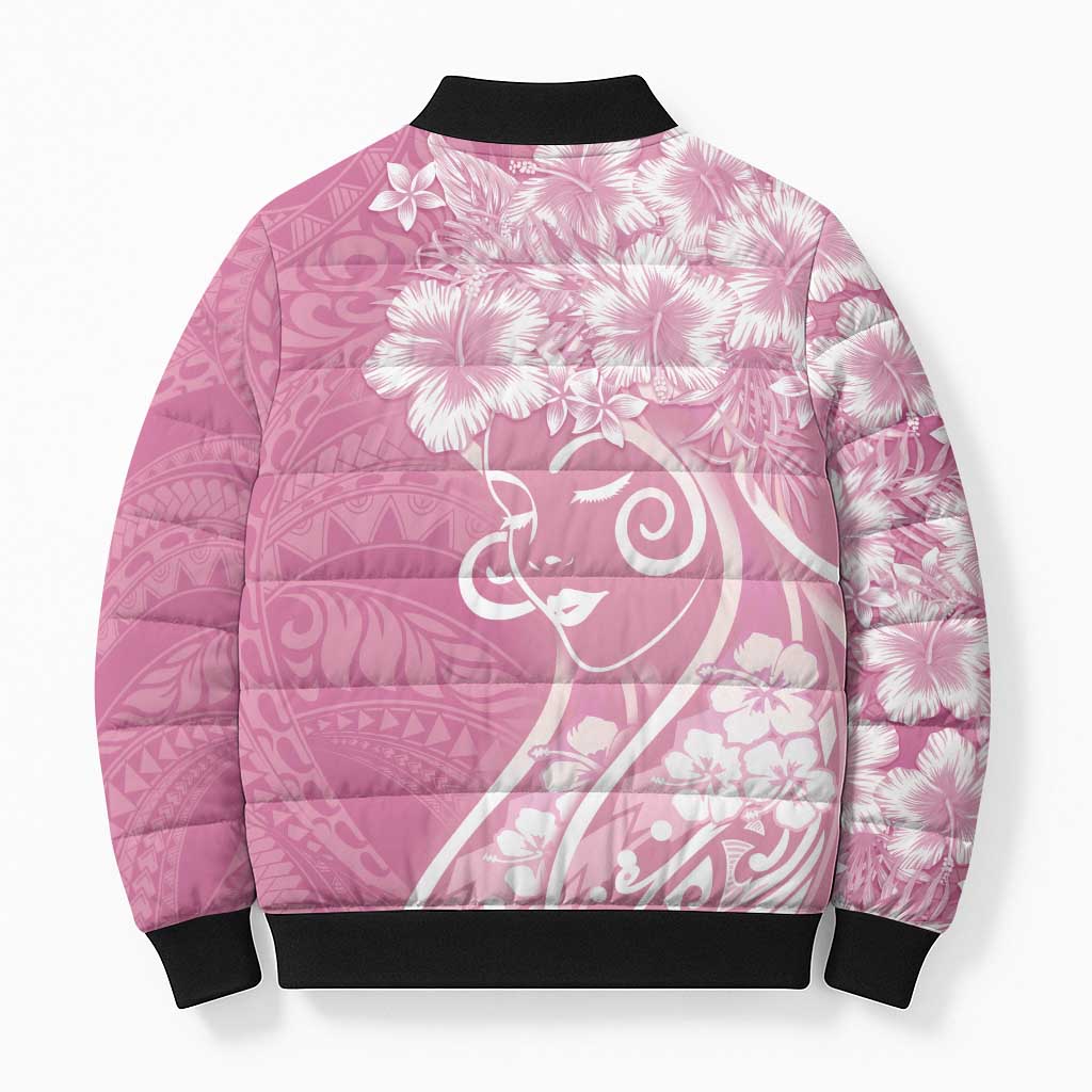 Polynesian Women's Day Bomber Puffer Jacket Pink Hibiscus Flowers With Polynesian Pattern