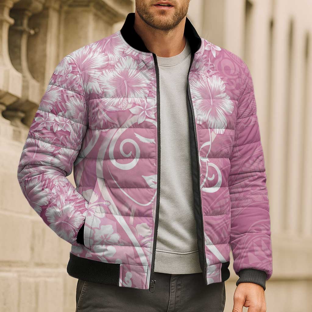Polynesian Women's Day Bomber Puffer Jacket Pink Hibiscus Flowers With Polynesian Pattern