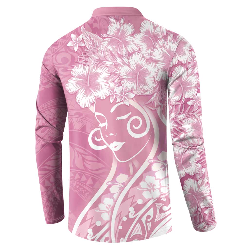 Polynesian Women's Day Button Sweatshirt Pink Hibiscus Flowers With Polynesian Pattern