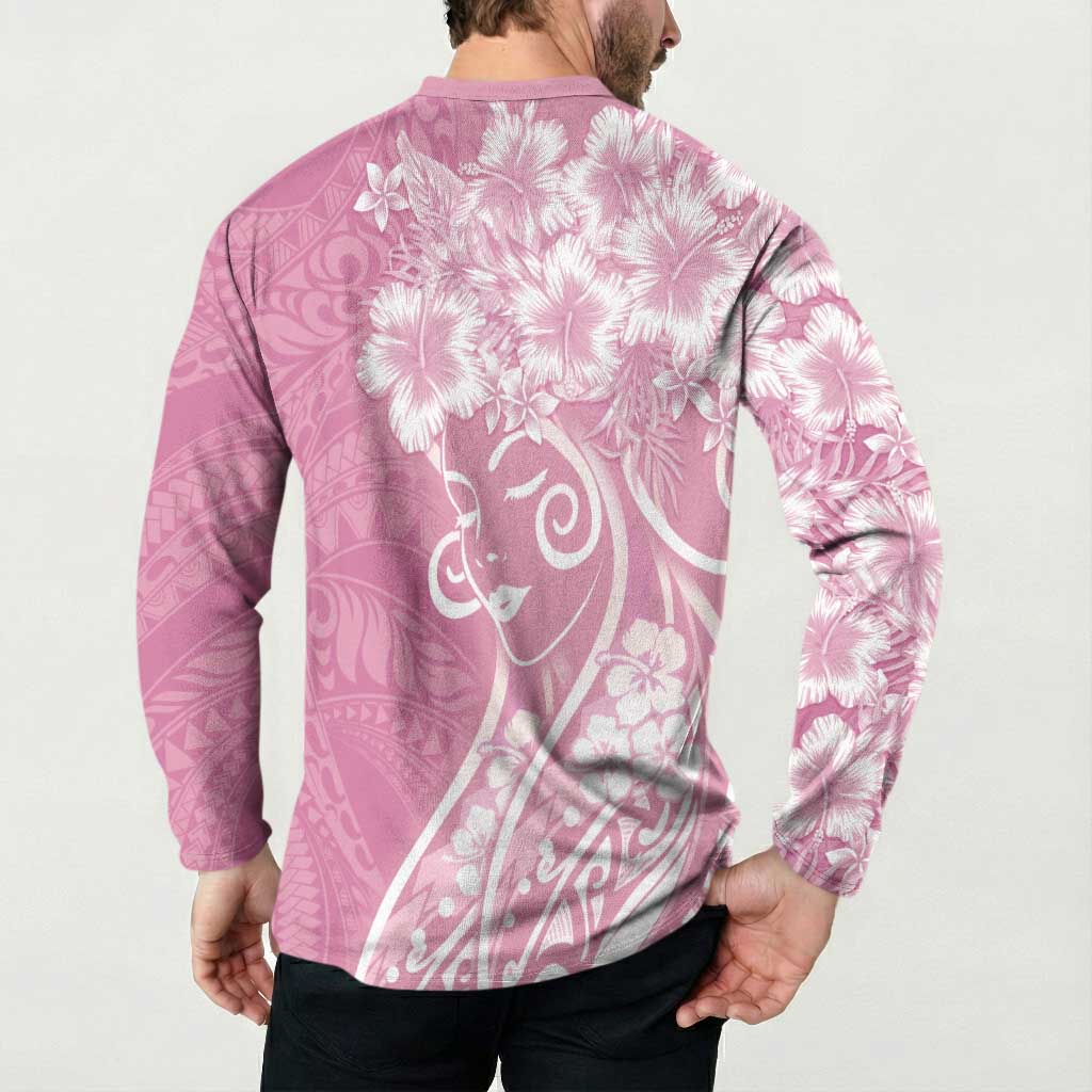 Polynesian Women's Day Button Sweatshirt Pink Hibiscus Flowers With Polynesian Pattern