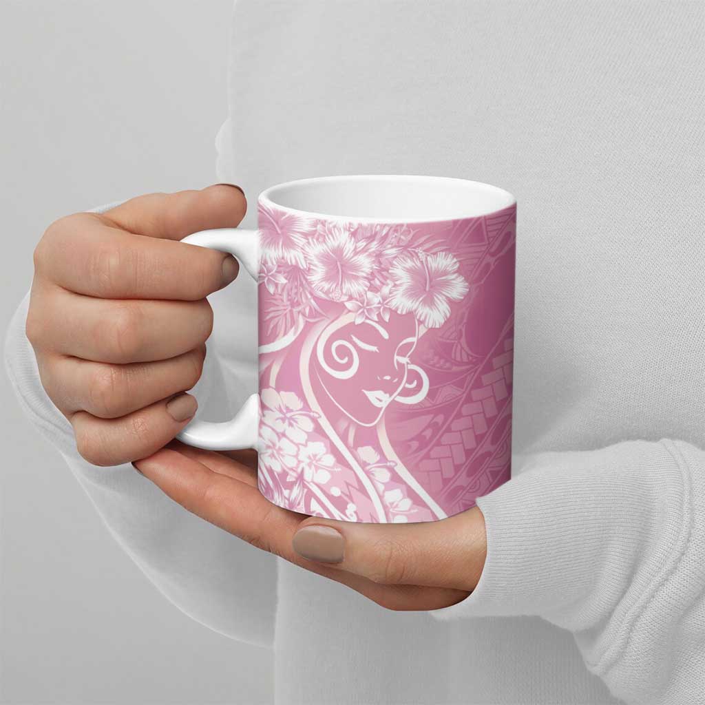 Polynesian Women's Day Ceramic Mug Pink Hibiscus Flowers With Polynesian Pattern
