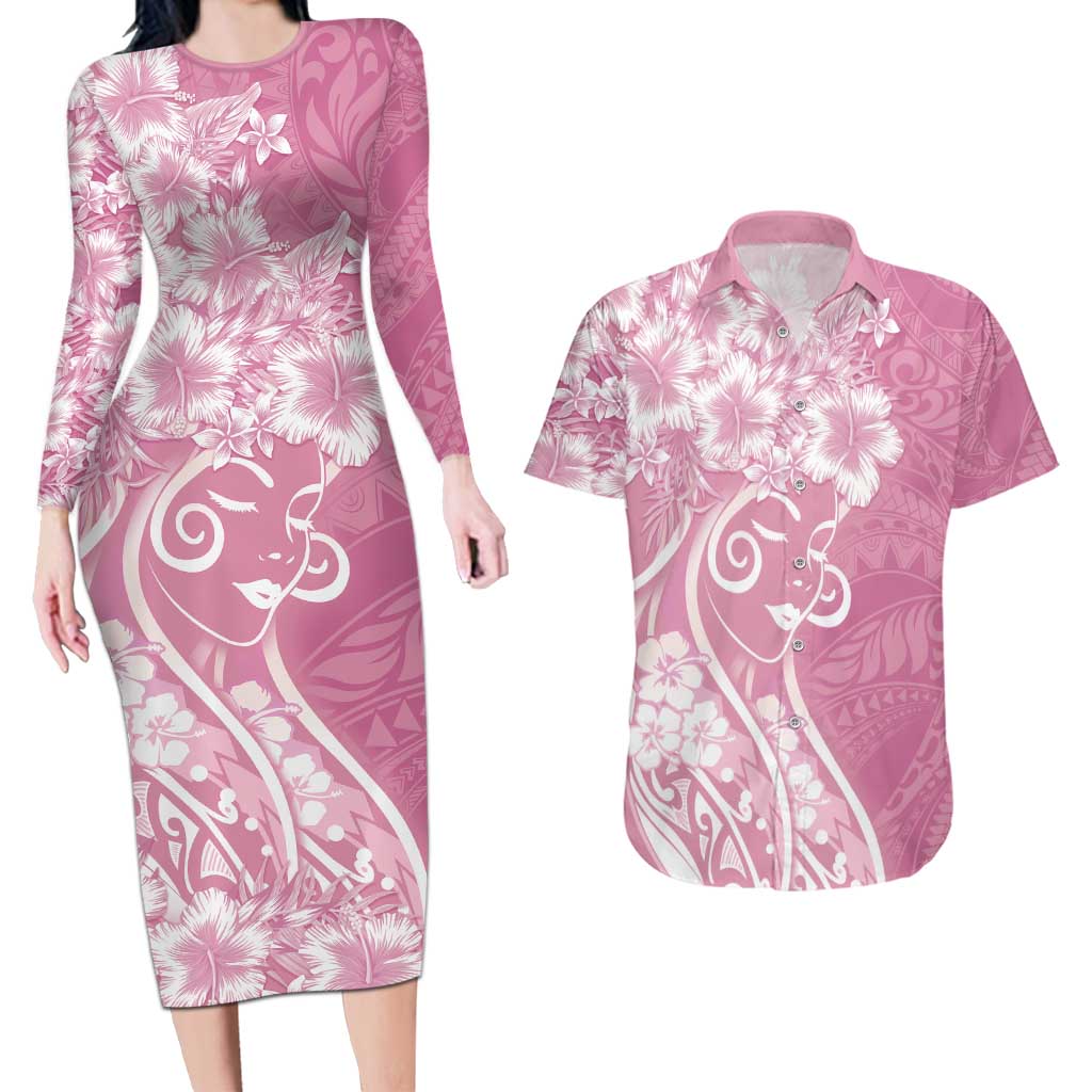 Polynesian Women's Day Couples Matching Long Sleeve Bodycon Dress and Hawaiian Shirt Pink Hibiscus Flowers With Polynesian Pattern LT05 Pink - Polynesian Pride