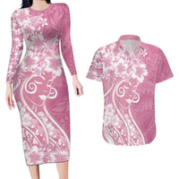 Polynesian Women's Day Couples Matching Long Sleeve Bodycon Dress and Hawaiian Shirt Pink Hibiscus Flowers With Polynesian Pattern LT05 Pink - Polynesian Pride