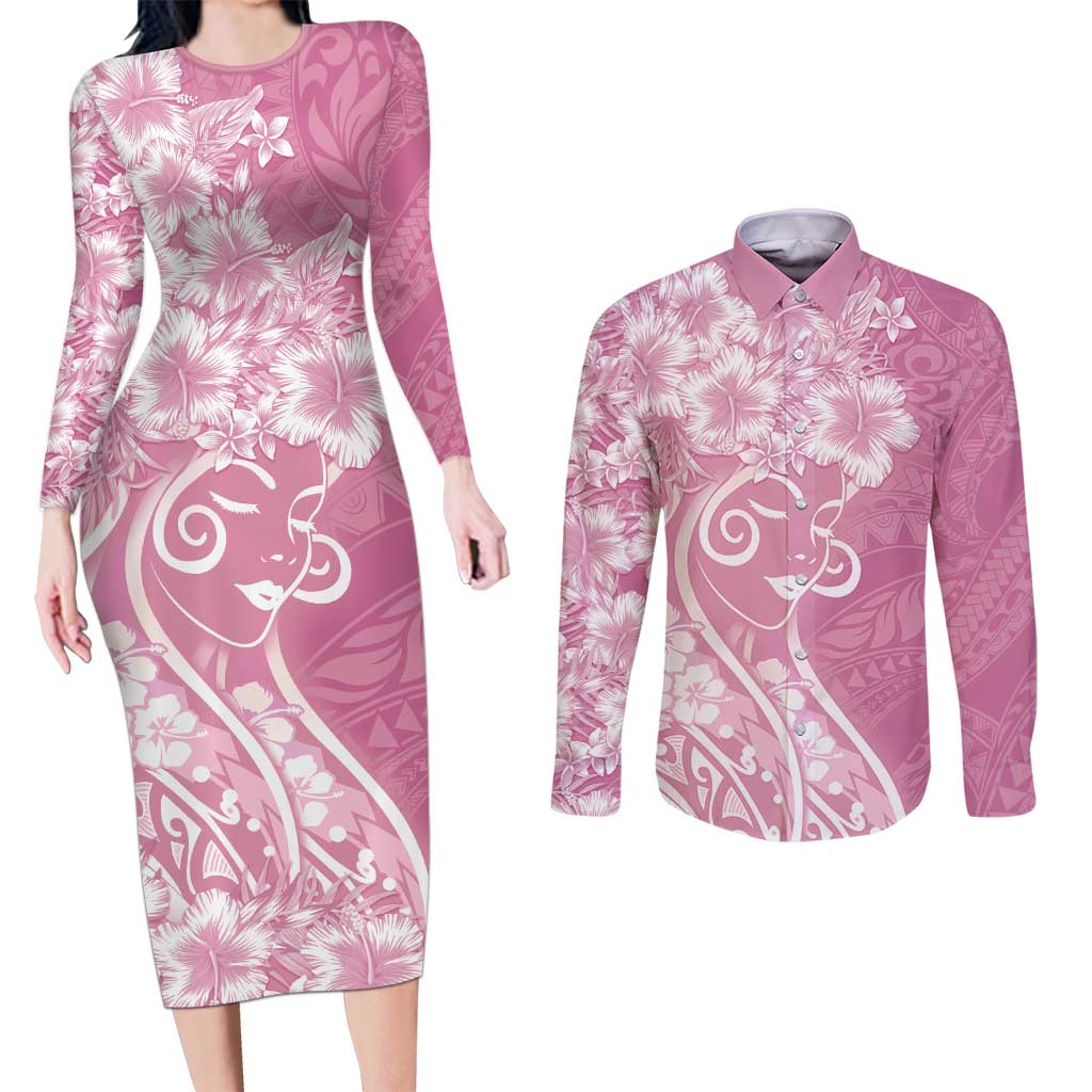 Polynesian Women's Day Couples Matching Long Sleeve Bodycon Dress and Long Sleeve Button Shirt Pink Hibiscus Flowers With Polynesian Pattern LT05 Pink - Polynesian Pride