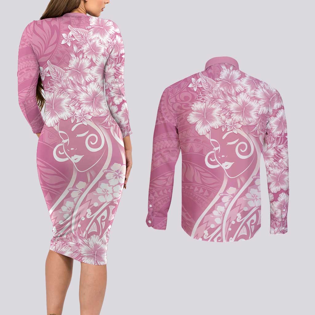 Polynesian Women's Day Couples Matching Long Sleeve Bodycon Dress and Long Sleeve Button Shirt Pink Hibiscus Flowers With Polynesian Pattern LT05 - Polynesian Pride