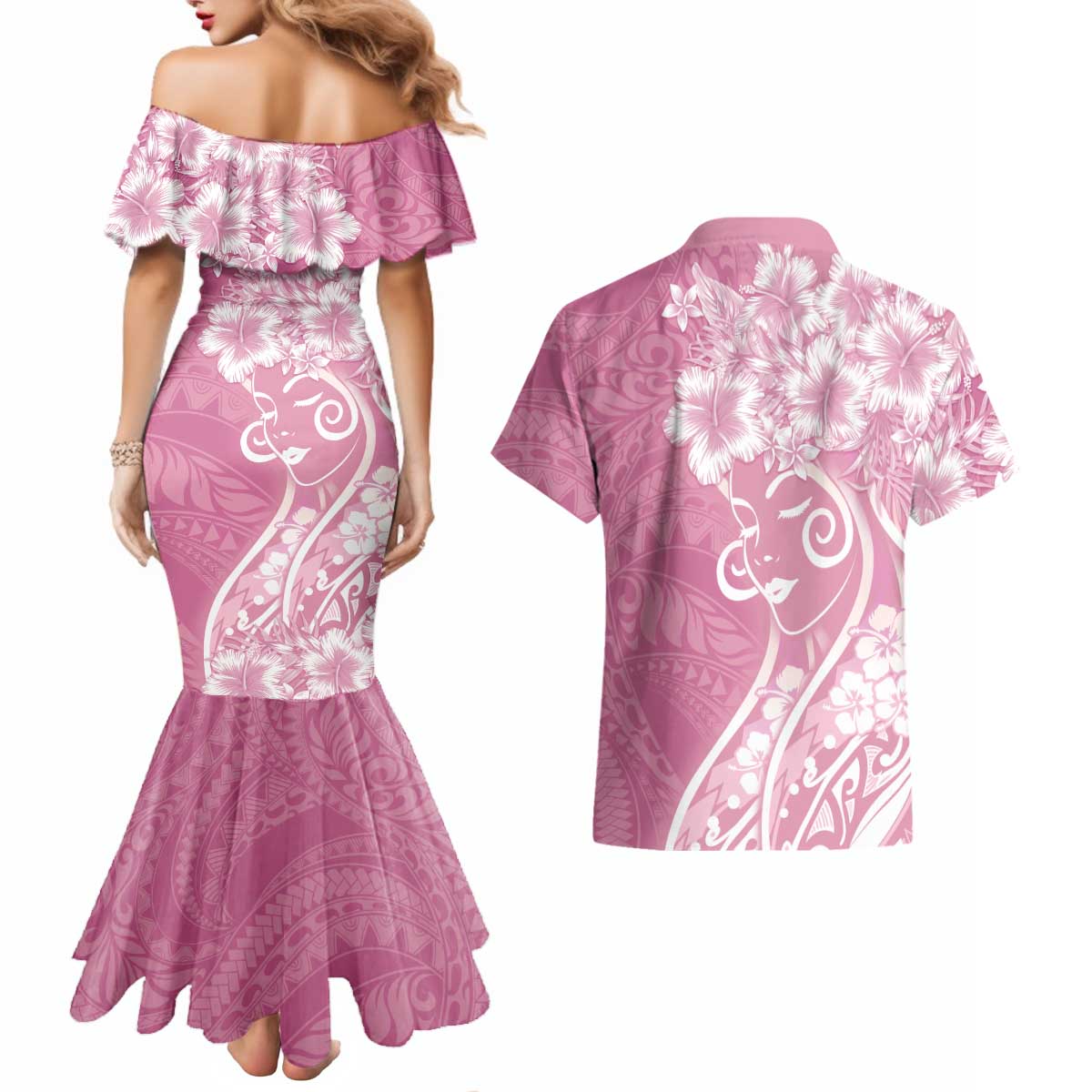 Polynesian Women's Day Couples Matching Mermaid Dress and Hawaiian Shirt Pink Hibiscus Flowers With Polynesian Pattern LT05 - Polynesian Pride