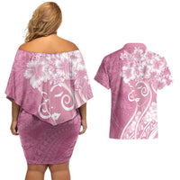 Polynesian Women's Day Couples Matching Off Shoulder Short Dress and Hawaiian Shirt Pink Hibiscus Flowers With Polynesian Pattern LT05 - Polynesian Pride