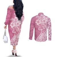 Polynesian Women's Day Couples Matching Off The Shoulder Long Sleeve Dress and Long Sleeve Button Shirt Pink Hibiscus Flowers With Polynesian Pattern LT05 - Polynesian Pride