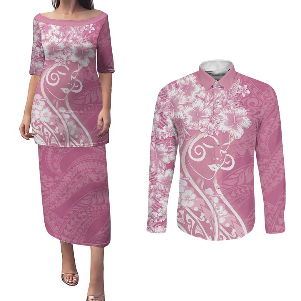 Polynesian Women's Day Couples Matching Puletasi and Long Sleeve Button Shirt Pink Hibiscus Flowers With Polynesian Pattern