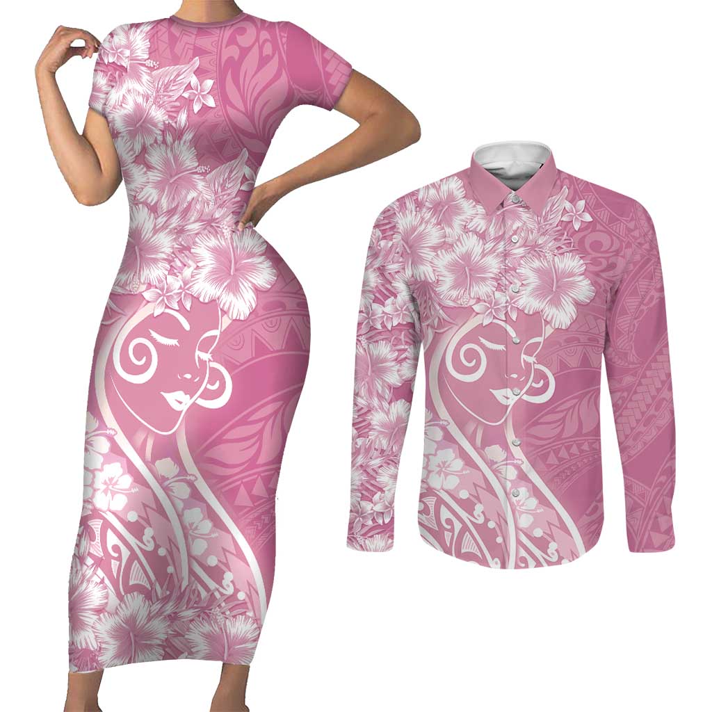 Polynesian Women's Day Couples Matching Short Sleeve Bodycon Dress and Long Sleeve Button Shirt Pink Hibiscus Flowers With Polynesian Pattern LT05 Pink - Polynesian Pride