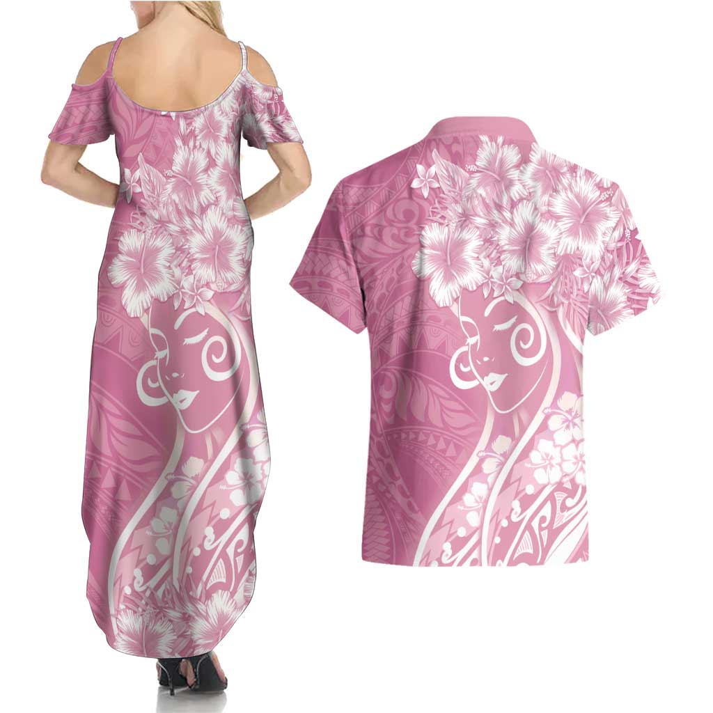 Polynesian Women's Day Couples Matching Summer Maxi Dress and Hawaiian Shirt Pink Hibiscus Flowers With Polynesian Pattern