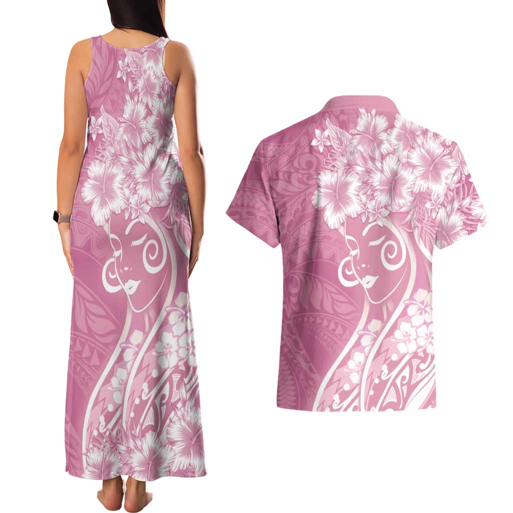Polynesian Women's Day Couples Matching Tank Maxi Dress and Hawaiian Shirt Pink Hibiscus Flowers With Polynesian Pattern LT05 - Polynesian Pride