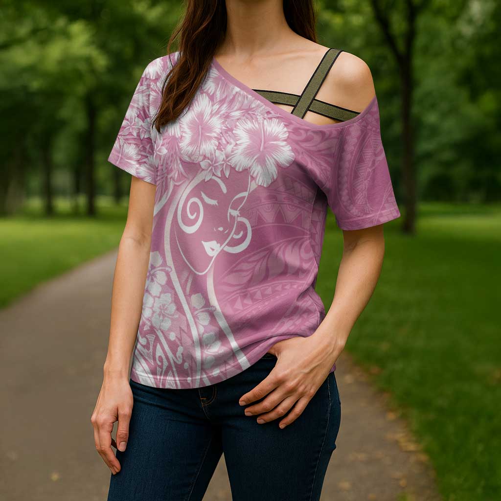 Polynesian Women's Day Cross Shoulder Shirt Pink Hibiscus Flowers With Polynesian Pattern