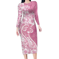 Polynesian Women's Day Family Matching Long Sleeve Bodycon Dress and Hawaiian Shirt Pink Hibiscus Flowers With Polynesian Pattern LT05 Mom's Dress Pink - Polynesian Pride