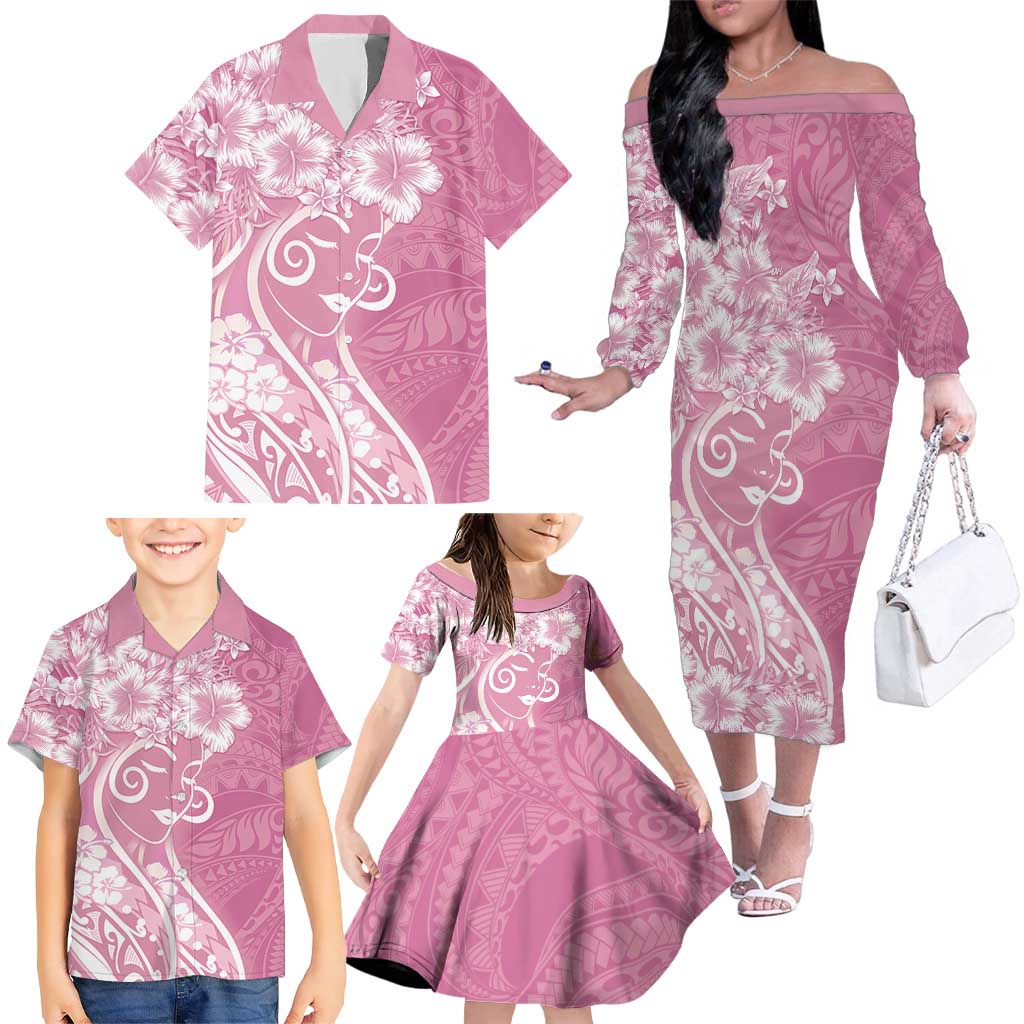 Polynesian Women's Day Family Matching Off The Shoulder Long Sleeve Dress and Hawaiian Shirt Pink Hibiscus Flowers With Polynesian Pattern LT05 - Polynesian Pride