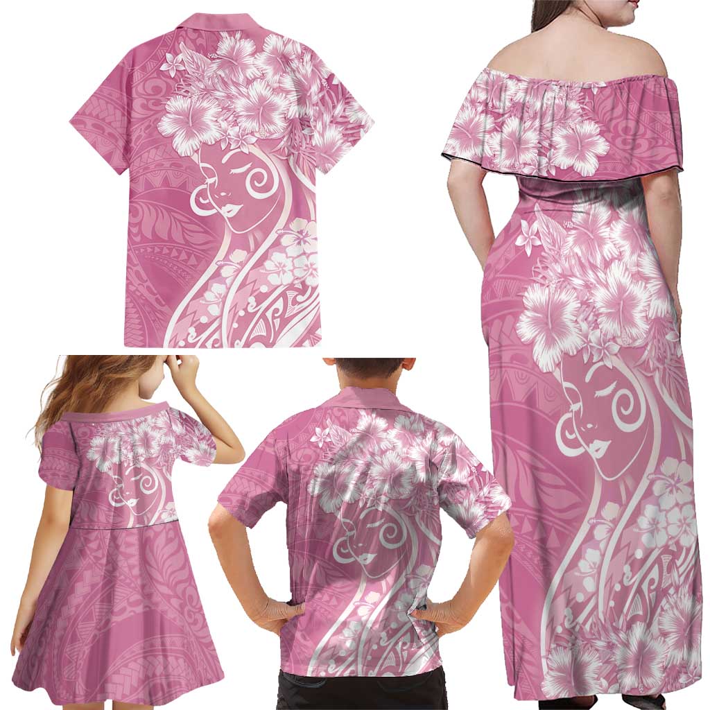 Polynesian Women's Day Family Matching Off Shoulder Maxi Dress and Hawaiian Shirt Pink Hibiscus Flowers With Polynesian Pattern LT05 - Polynesian Pride