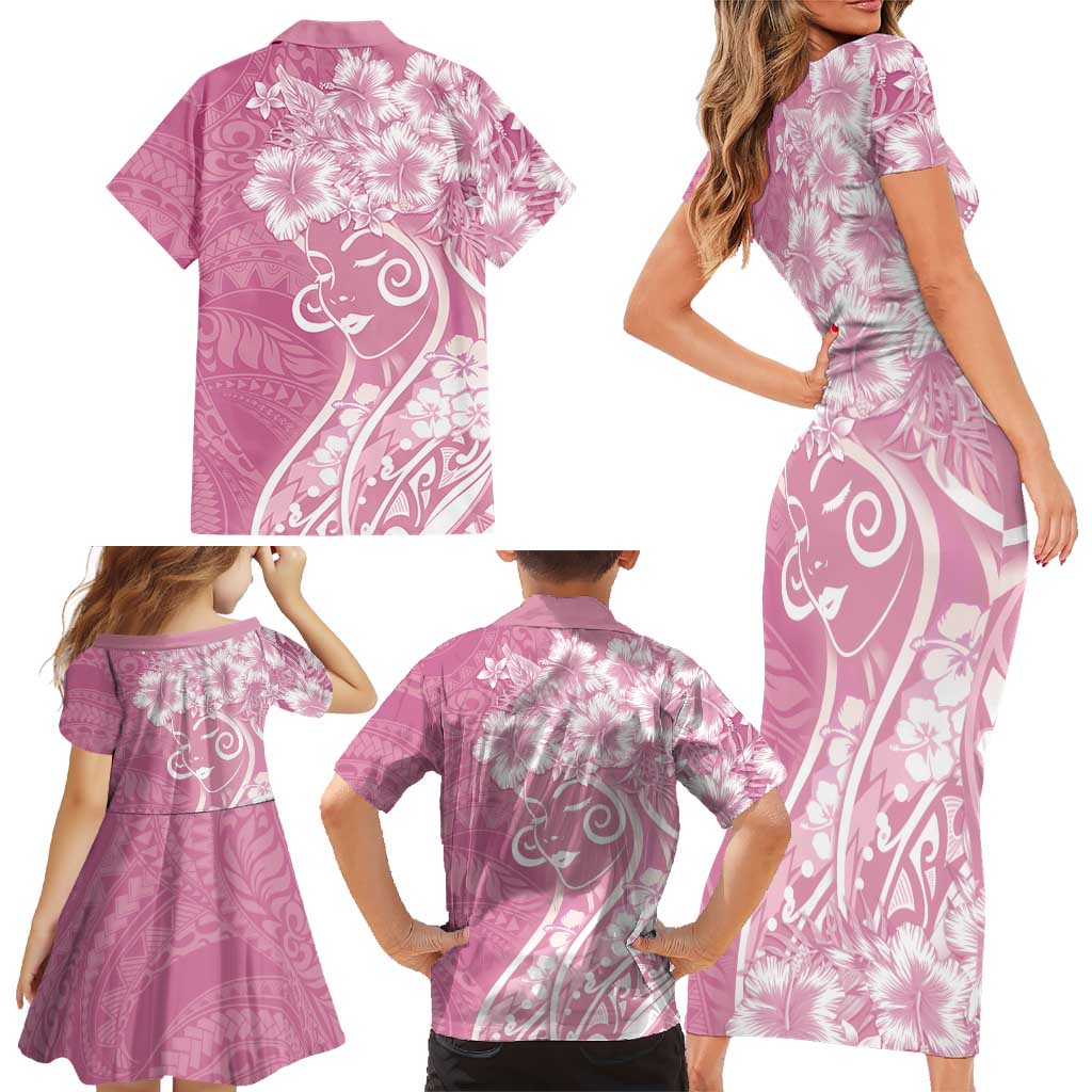 Polynesian Women's Day Family Matching Short Sleeve Bodycon Dress and Hawaiian Shirt Pink Hibiscus Flowers With Polynesian Pattern LT05 - Polynesian Pride