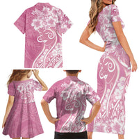 Polynesian Women's Day Family Matching Short Sleeve Bodycon Dress and Hawaiian Shirt Pink Hibiscus Flowers With Polynesian Pattern LT05 - Polynesian Pride