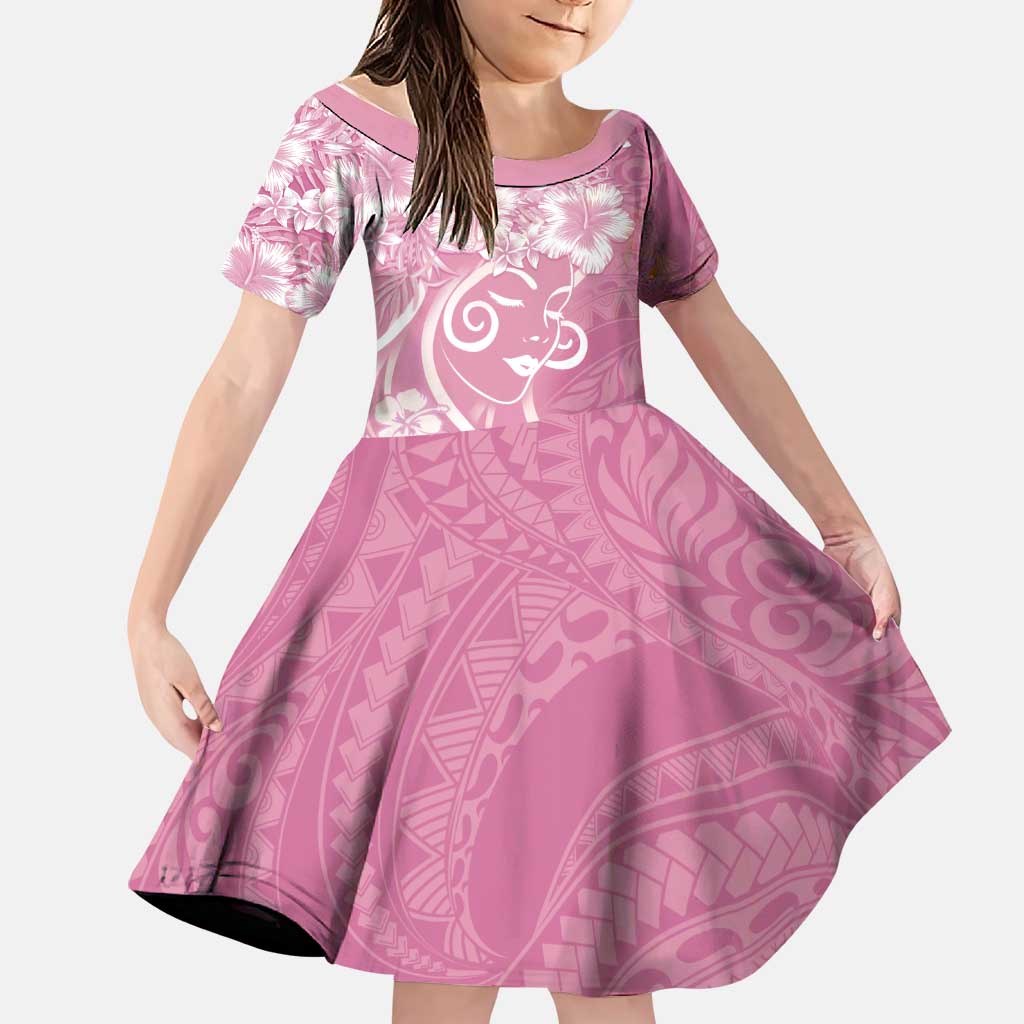 Polynesian Women's Day Family Matching Summer Maxi Dress and Hawaiian Shirt Pink Hibiscus Flowers With Polynesian Pattern LT05 Daughter's Dress Pink - Polynesian Pride