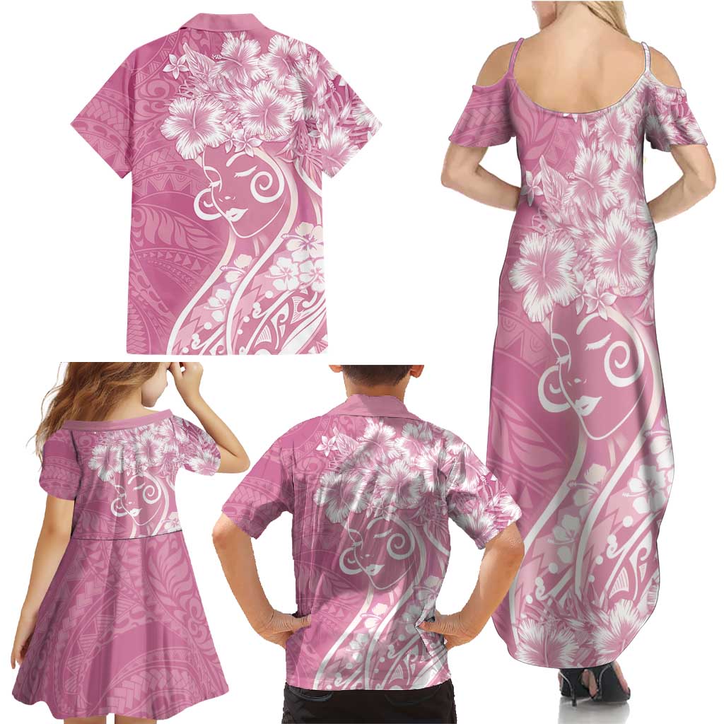 Polynesian Women's Day Family Matching Summer Maxi Dress and Hawaiian Shirt Pink Hibiscus Flowers With Polynesian Pattern LT05 - Polynesian Pride